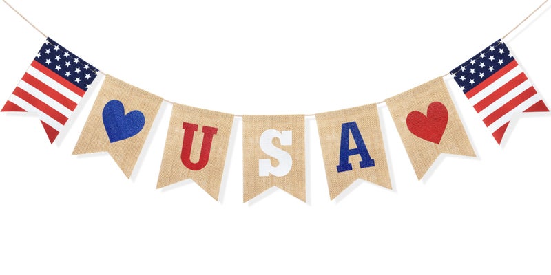 Uniwish USA Banner Burlap Bunting 4th of July Decorations American Independence Day Celebration Red White and Blue Theme Party Supplies - Image 1